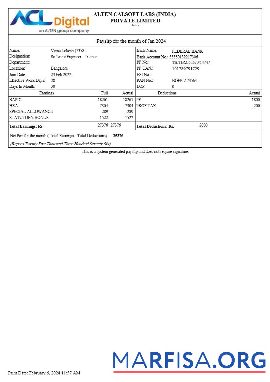 Blank Alten Calsoft Labs ACL Digital payslip template